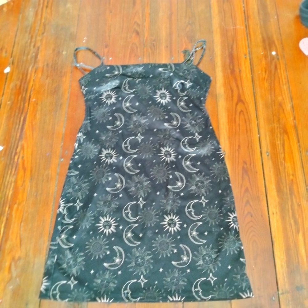 Black Slip Dress with Celestial Print
